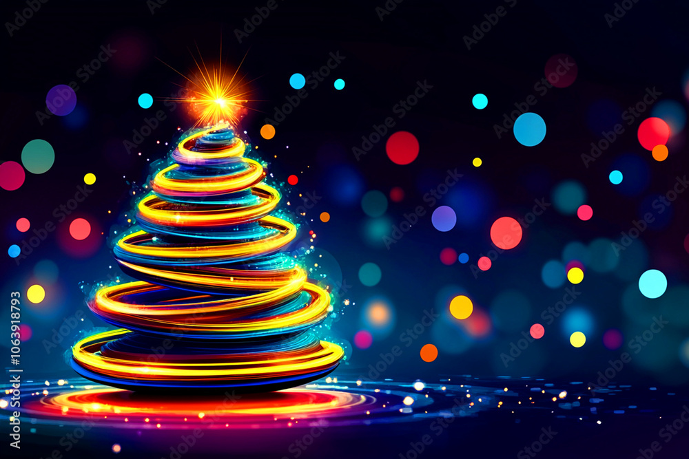 Bright neon spiral lights shaped like an abstract Christmas tree on a blue background in a contemporary illustration. Copy space. Bright neon spiral lights shaped like an abstract Christmas tree on a blue background in a contemporary illustration. Copy space.