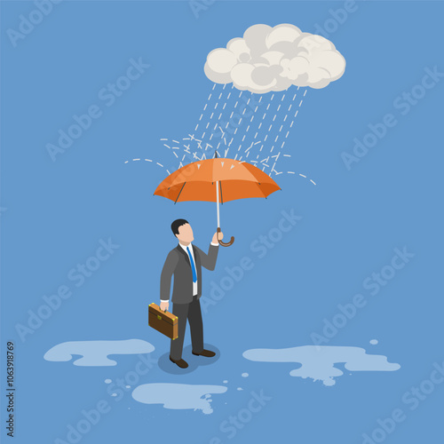 3D Isometric Flat Vector Illustration of Addressing an Issue With Bad Luck, Confident Businessman Shielded From Misfortune