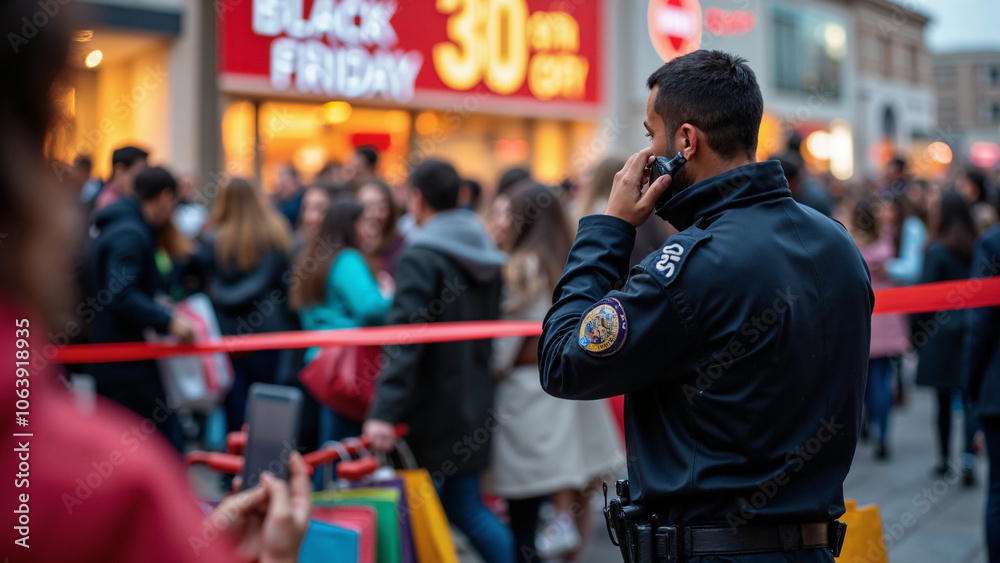 Vigilant Security Agent Manages Black Friday Chaos: Perfect for Retail Marketing, News Reports, and Security Training Vigilant Security Agent Manages Black Friday Chaos: Perfect for Retail Marketing, News Reports, and Security Training
