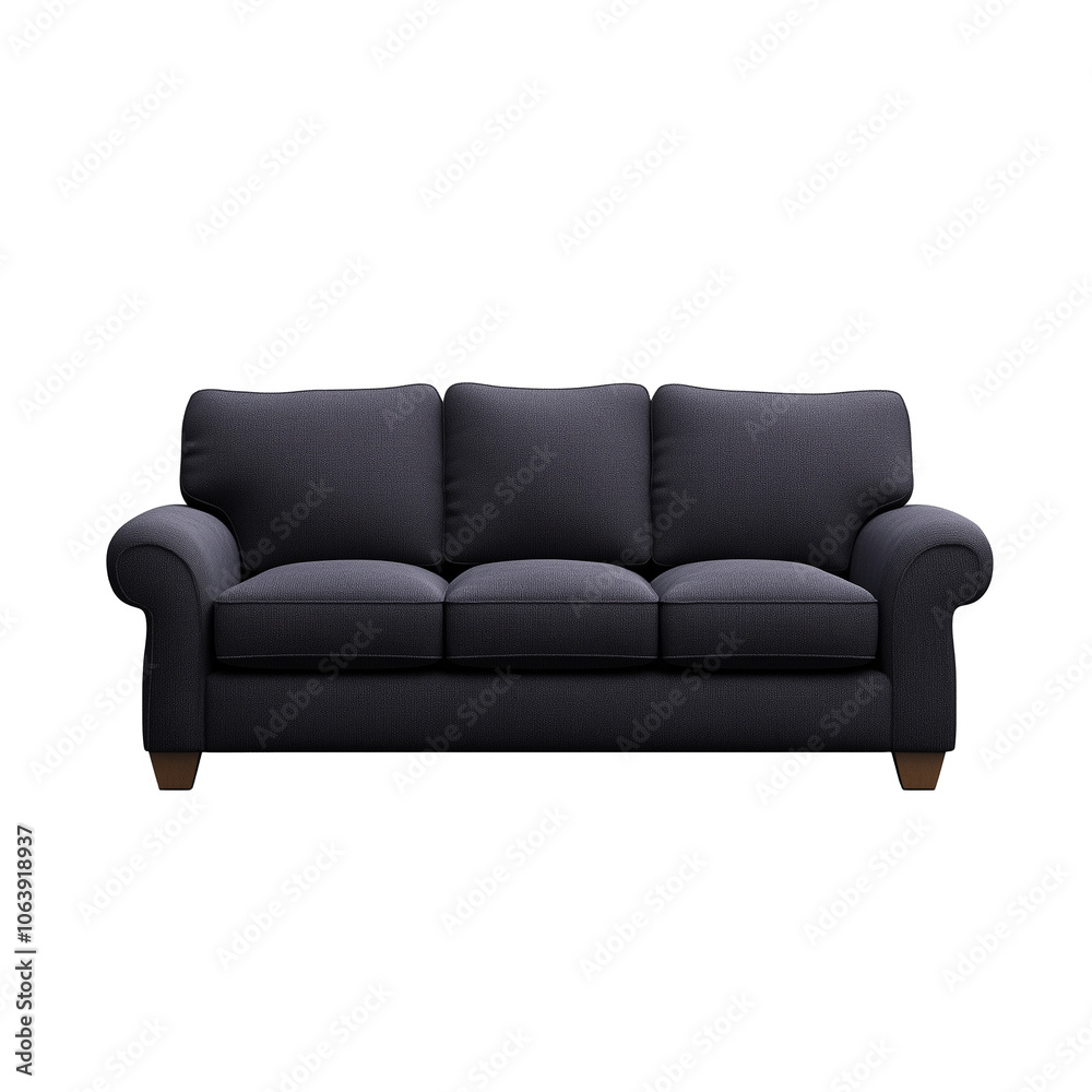 Modern dark gray sofa with rolled arms displayed against a transparent background, showing minimalist style and comfort. Modern dark gray sofa with rolled arms displayed against a transparent background, showing minimalist style and comfort.