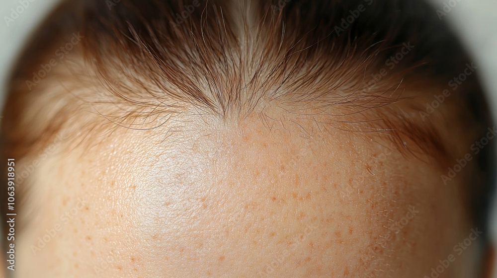 Obraz premium A detailed close-up of a forehead highlights the subtle textures of skin and a fine hairline. The natural light emphasizes skin imperfections and hair strands.