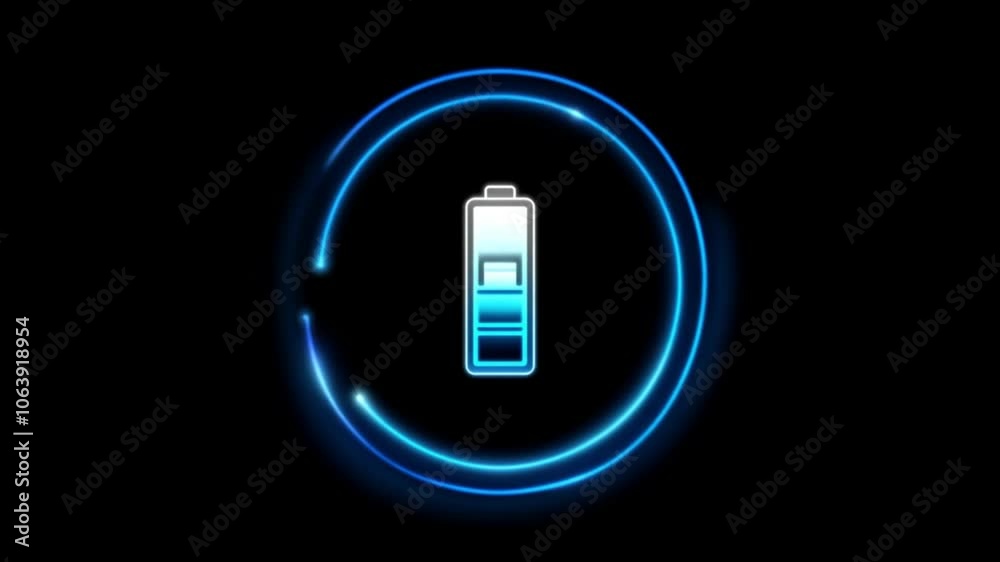 Digital Battery Charging Icon with Visual Effects on Black Background