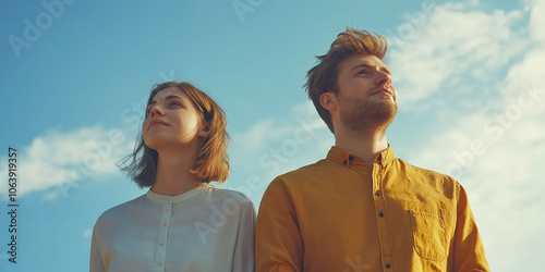 Hopeful young adults gazing at the sky on a sunny day