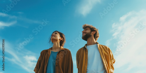 Happy couple enjoying a clear blue sky outdoors on a sunny day