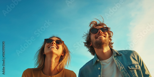 Happy young couple enjoying sunny day with clear blue sky backdrop