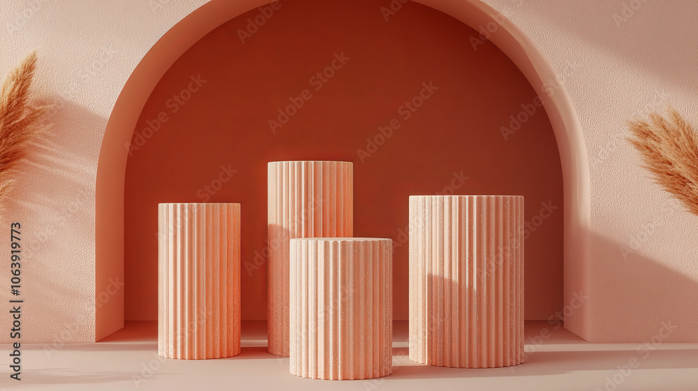 Obraz premium A sleek 3D rendering displaying four peach-colored cylindrical podiums with a subtle grooved texture, set against a peach-toned arch background. 