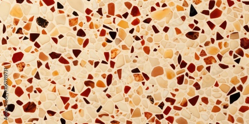 A close-up of a terrazzo surface with varying shades of red, brown, and beige stones. The texture is rich and intricate, revealing the natural beauty of the material.