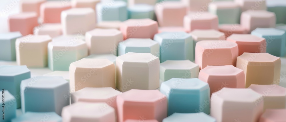 Obraz premium Pastel hexagonal blocks form a gentle mosaic, blending soft colors to create a harmonious pattern that exudes calmness and creativity.
