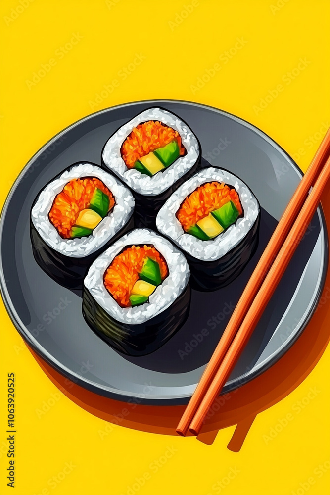 Illustration of kimbap rolls on a gray plate with chopsticks, displayed on a yellow background, emphasizing Korean culinary art. Menu design. Illustration of kimbap rolls on a gray plate with chopsticks, displayed on a yellow background, emphasizing Korean culinary art. Menu design.