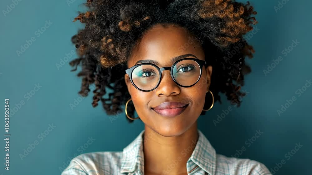 A confident young woman with curly hair smiles warmly while standing indoors against a blue background A confident young woman with curly hair smiles warmly while standing indoors against a blue background