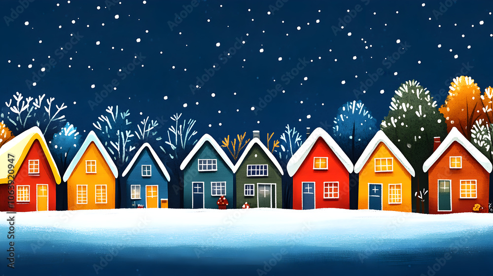 Charming watercolor art of snowy winter scene featuring brightly colored houses.