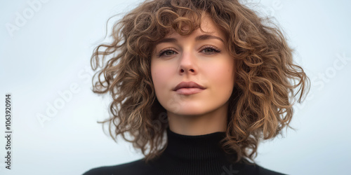 Confident woman with curly hair in black turtleneck on a soft blue background