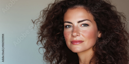 Confident woman with curly hair and bright eyes against neutral background