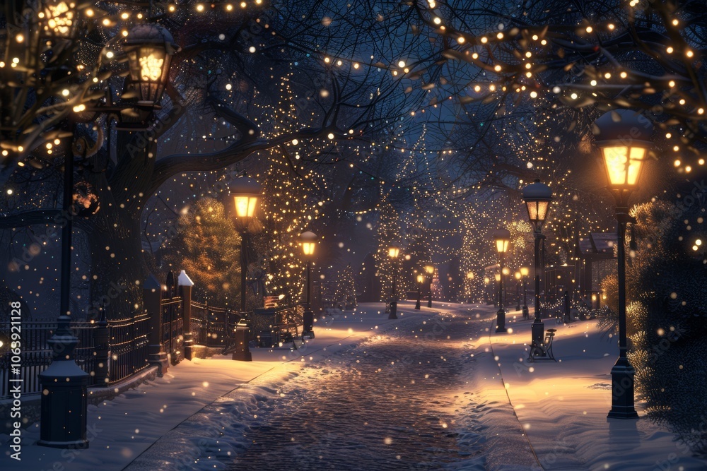 Snowy street lit up with lights at night. winter background Snowy street lit up with lights at night. winter background