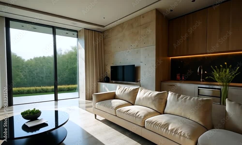 A modern living room with a large couch and a TV set against a wall. A modern living room with a large couch and a TV set against a wall.