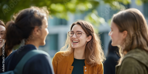 Young people socializing outdoors, smiling and enjoying a sunny day