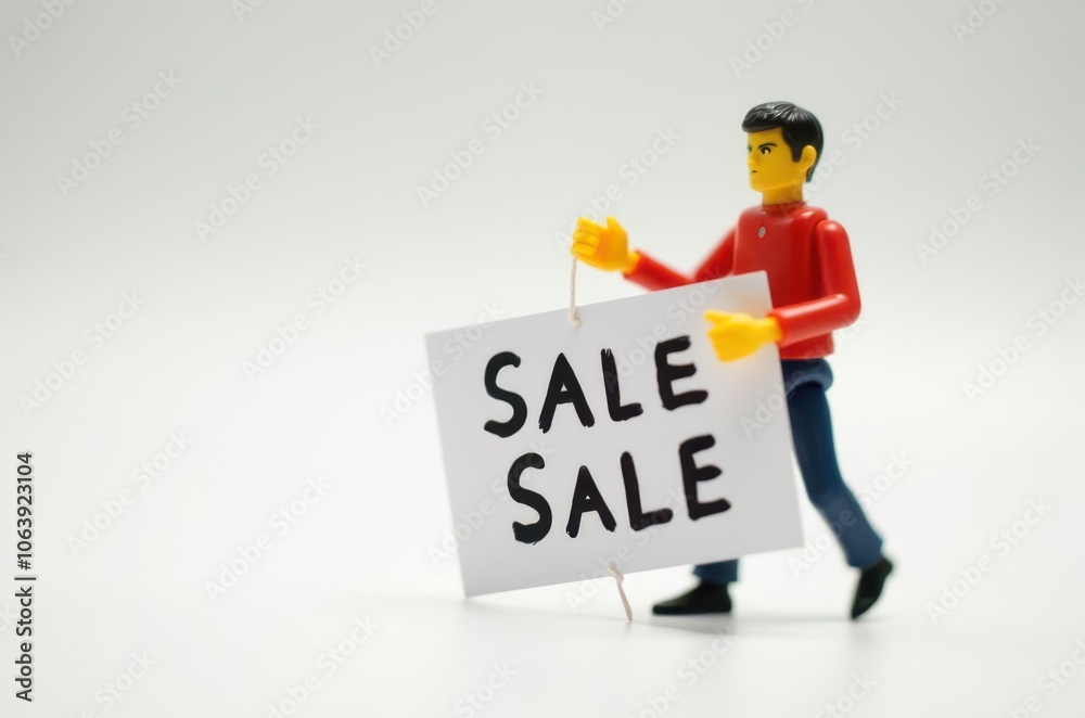 toy man holding a sign with the text (Sale) toy man holding a sign with the text (Sale)