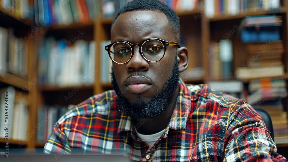 A young man concentrates on his studies at a library filled with books in the afternoon A young man concentrates on his studies at a library filled with books in the afternoon