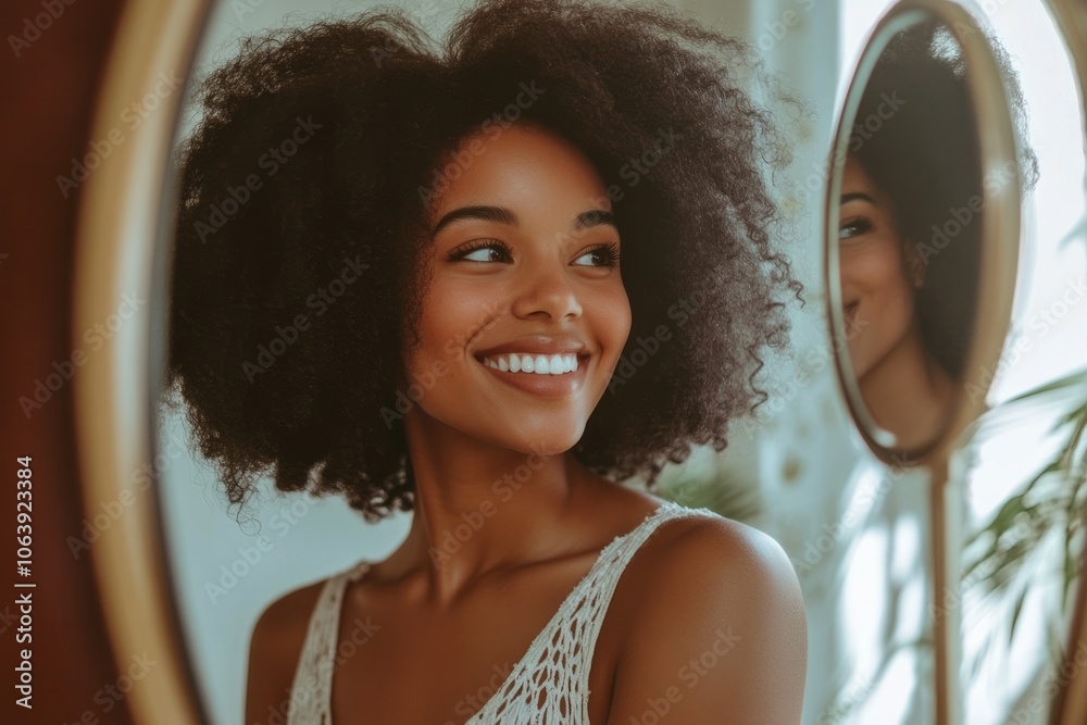 A young woman with curly hair smiling in front of a mirror, showcasing a joyful expression. The setting is bright and airy, with plants in the background, creating a warm atmosphere.