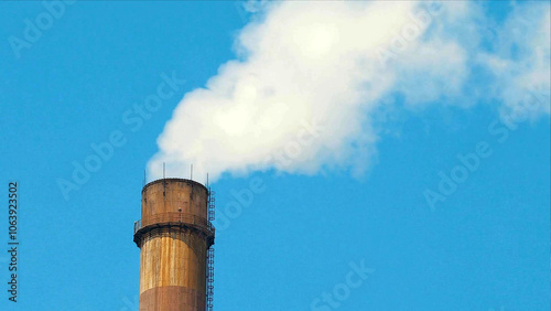 Industrial chimney emitting white smoke, clear blue sky, metal structure, rising smoke, pollution