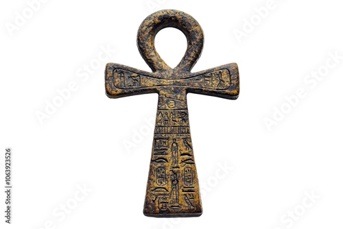 Ancient Egyptian ankh symbol with hieroglyphs, representing life and spirituality on a transparent background. photo