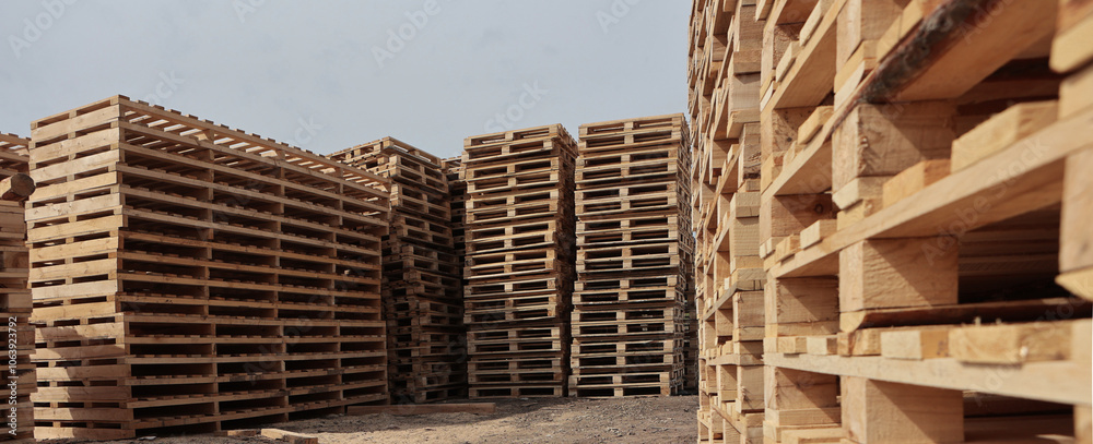 Wooden pallets for transportation of building materials. Eco-friendly products. Pallets made of renewable wood.Narrow banner. Wooden pallets for transportation of building materials. Eco-friendly products. Pallets made of renewable wood.Narrow banner.