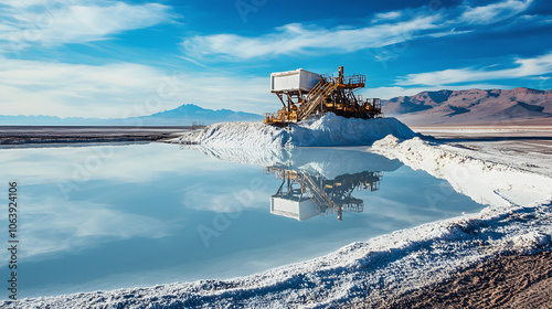 vibrant white salt lake in south america's atacama desert reflects the blue horizon, surrounded by lithium mining equipment and machinery amidst a barren landscape highlighted by white, text