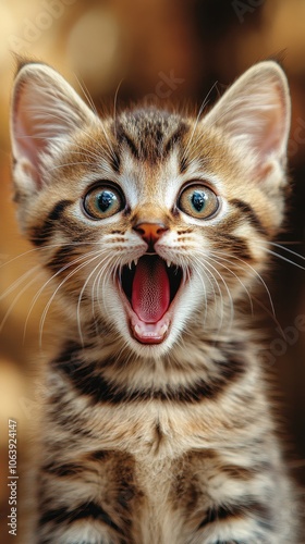 A kitten with its mouth open and eyes wide open. The kitten is looking at the camera and he is surprised or excited