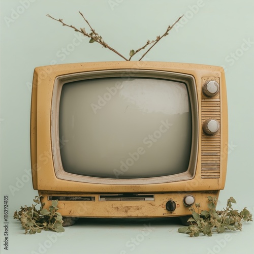 Retro tv transformation: vintage television with nature elements against pastel background photo