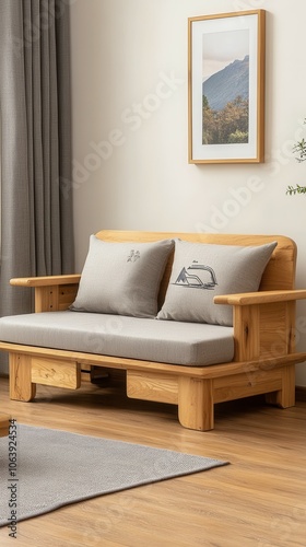 A wooden chair with two pillows and a picture on the wall. The chair is in a living room with a rug on the floor