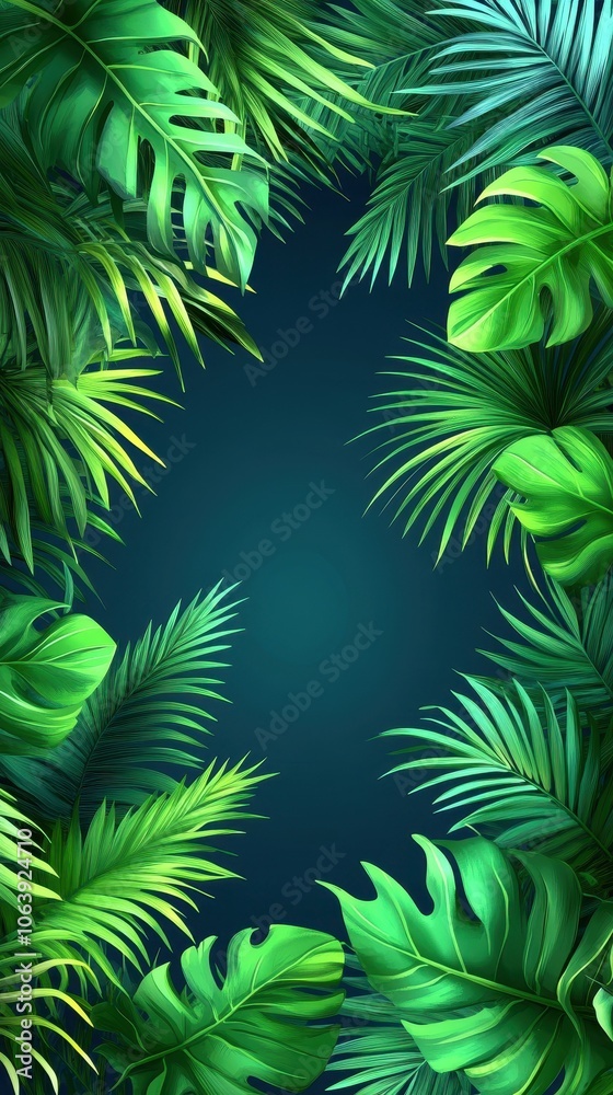 A green leafy background with a large green leaf in the foreground. The background is a dark blue color A green leafy background with a large green leaf in the foreground. The background is a dark blue color