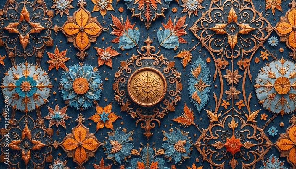Symmetrical designs featuring ornate floral patterns in warm colors on textured background with copy space Symmetrical designs featuring ornate floral patterns in warm colors on textured background with copy space