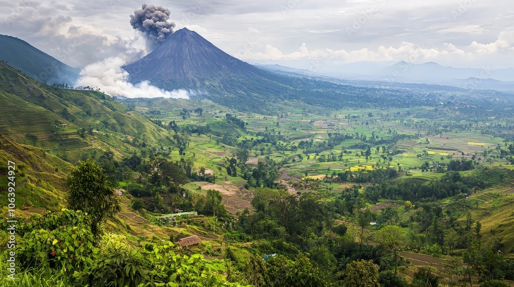 Naklejka premium A majestic volcano erupts in the distance, spewing ash and smoke into the sky. The surrounding landscape is lush and green, with rolling hills and valleys.