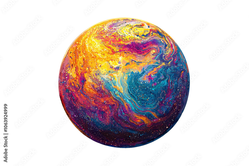 Vibrant abstract planet design with swirling colors of red, blue, and yellow, resembling a cosmic art piece from space. Vibrant abstract planet design with swirling colors of red, blue, and yellow, resembling a cosmic art piece from space.