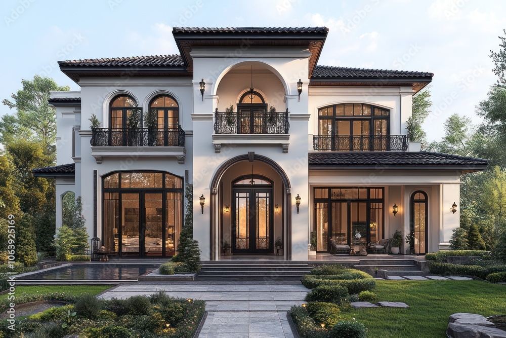 Elegant modern house with a manicured garden and large windows. Elegant modern house with a manicured garden and large windows.