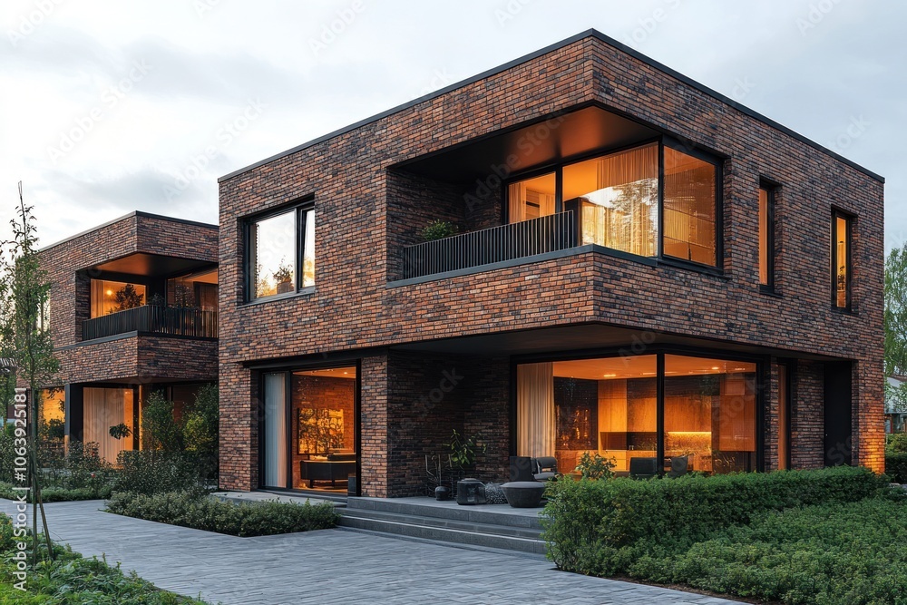 Modern two-story brick houses with large windows and landscaped surroundings. Modern two-story brick houses with large windows and landscaped surroundings.