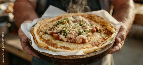 Delicious hot pancake with savory toppings and fresh herbs in rustic setting photo