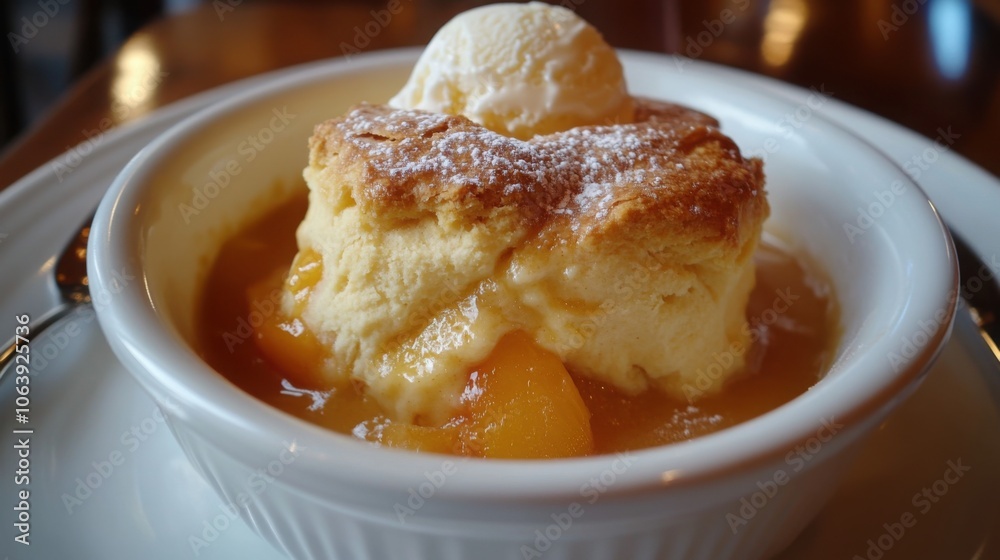American Southern peach cobbler with a golden biscuit topping, served warm with vanilla ice cream American Southern peach cobbler with a golden biscuit topping, served warm with vanilla ice cream