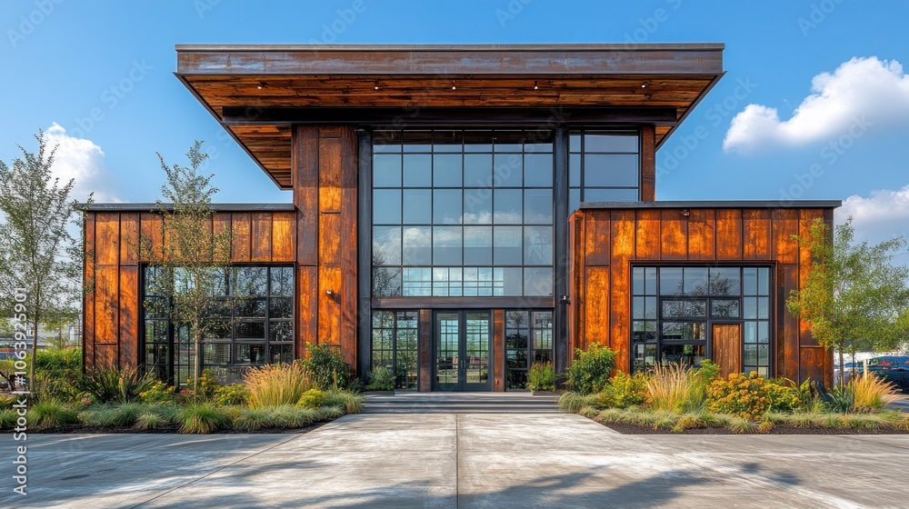 Modern architectural building with large windows and rustic wood accents.
