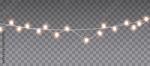 Lights bulbs isolated on transparent background. Glowing fairy Christmas garland string. Vector New Year party led lamps decoration