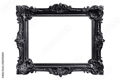 Elegant baroque-style black picture frame with intricate details, showcasing vintage charm and artistic sophistication against a transparent background. photo