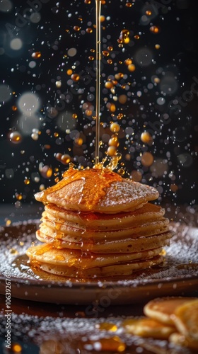 There is a stack of pancakes with syrup being poured on top, food background, vertical background photo