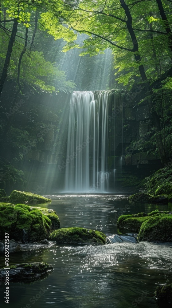 Waterfall in a forest with sunbeams and mossy rocks Waterfall in a forest with sunbeams and mossy rocks