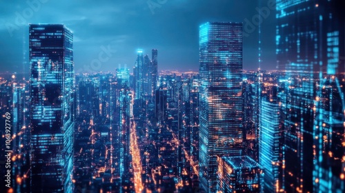 Wallpaper Mural Night Cityscape with Digital Glowing Buildings Torontodigital.ca