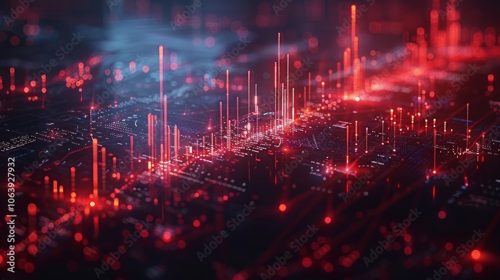 Fototapeta premium Abstract infographic visualization. Financial chart with uptrend line graphs and candlesticks. Futuristic network or business analytics. Graphic concept for your design