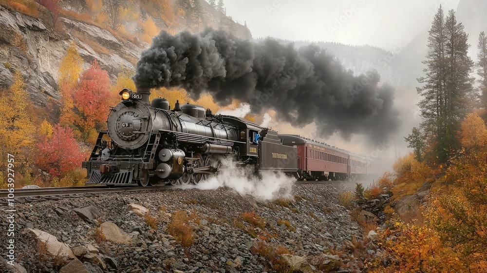 Obraz premium A vintage steam locomotive chugs through a mountainous landscape, billowing smoke against a backdrop of fall foliage.