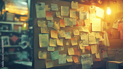 Colorful notes on a bulletin board in a cozy workspace
