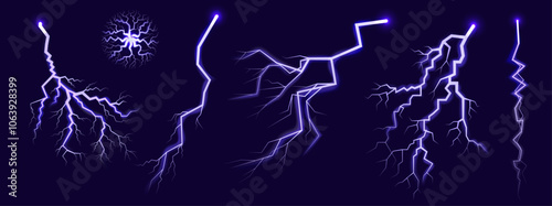 Lightning and thunder lighting, vector effects. Flash of light on a dark background, weather phenomena.