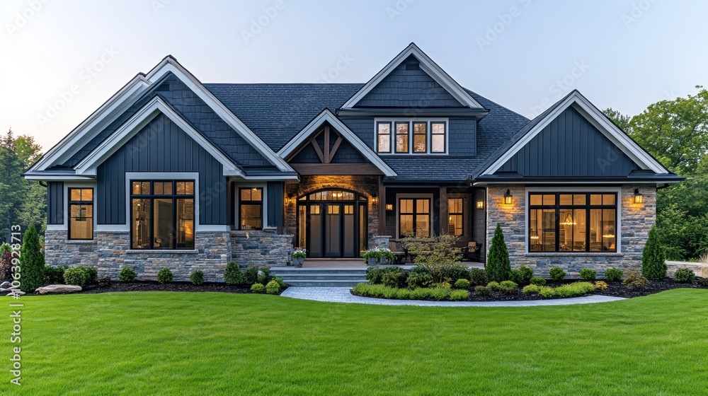 A modern home with a landscaped yard, showcasing architectural design and curb appeal. A modern home with a landscaped yard, showcasing architectural design and curb appeal.