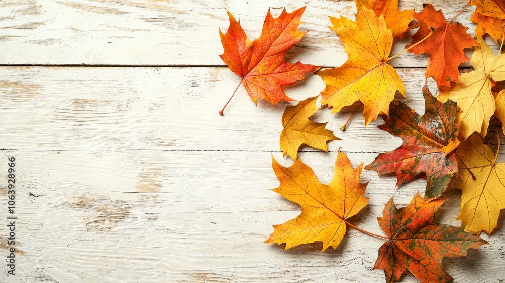 Obraz premium Autumn leaves scattered on a white wooden background.